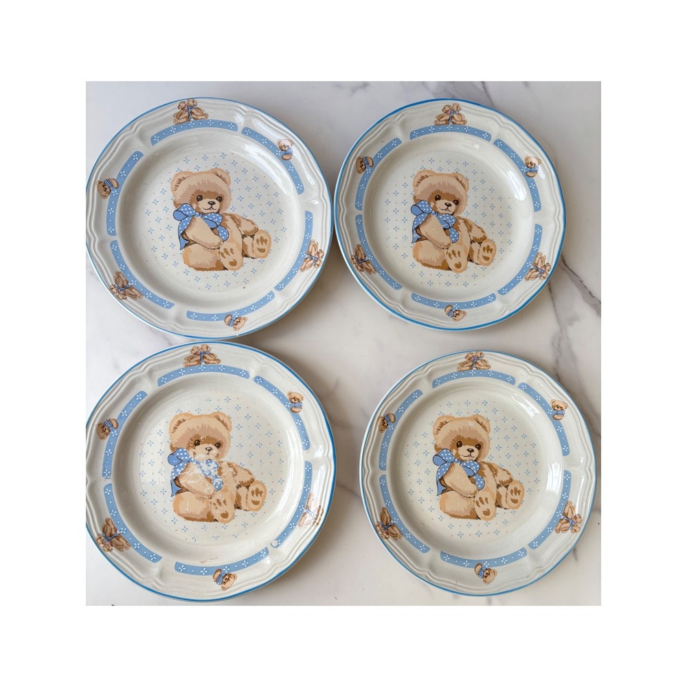 4 Pc Vtg Tienshan Stoneware Teddy Bear Salad Plates Blue Bow 7.5 Cottage Inch